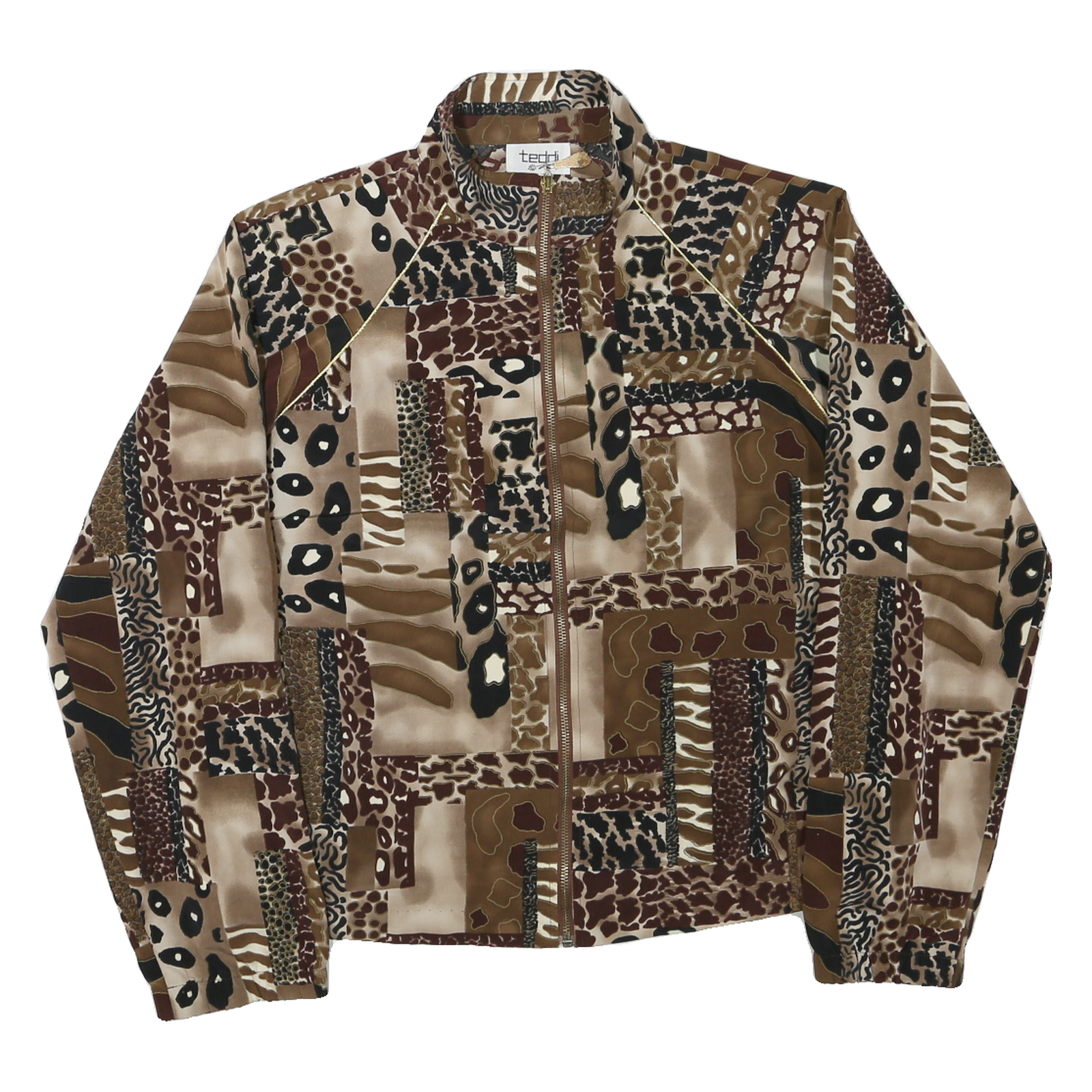 TEDDI Womens Brown Animal Print Zip Jacket L Polyester Blend Casual Outerwear