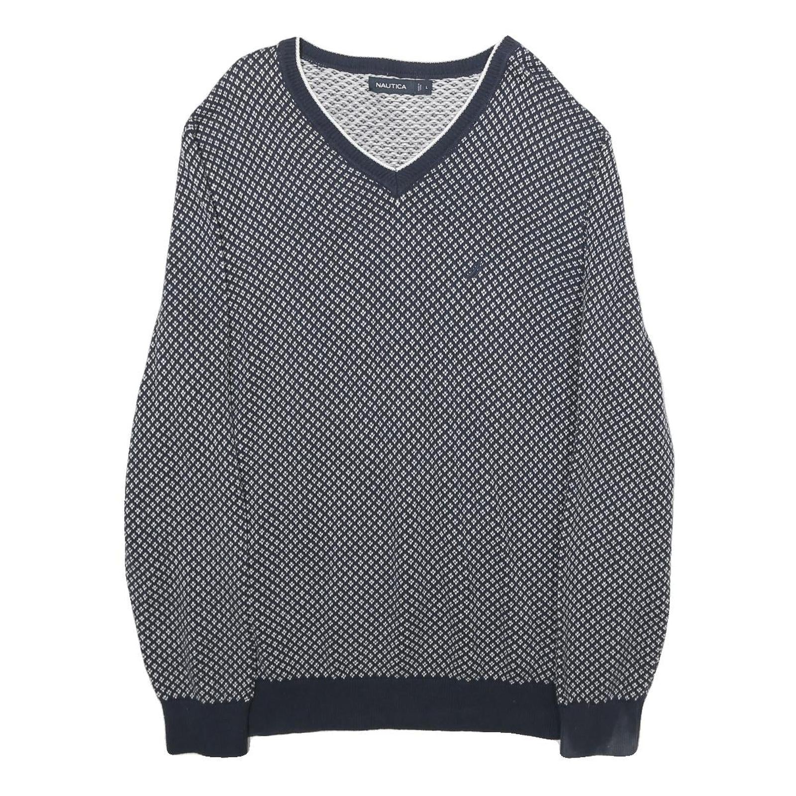 NAUTICA Mens Navy & White Patterned Cotton Jumper V Neck Basic Knit L