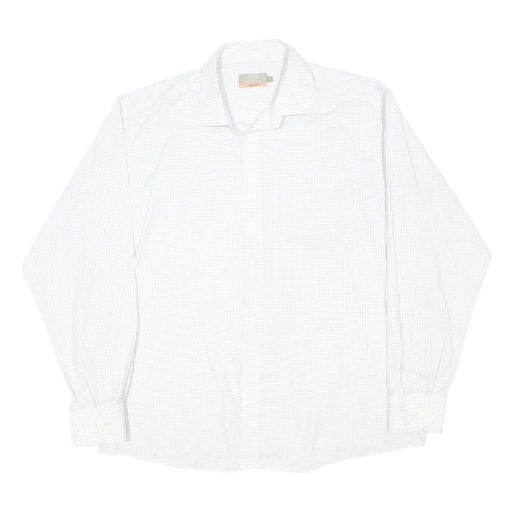 MARKS & SPENCER Mens White Check Shirt XL Cotton Blend Formal Classic Fit Long