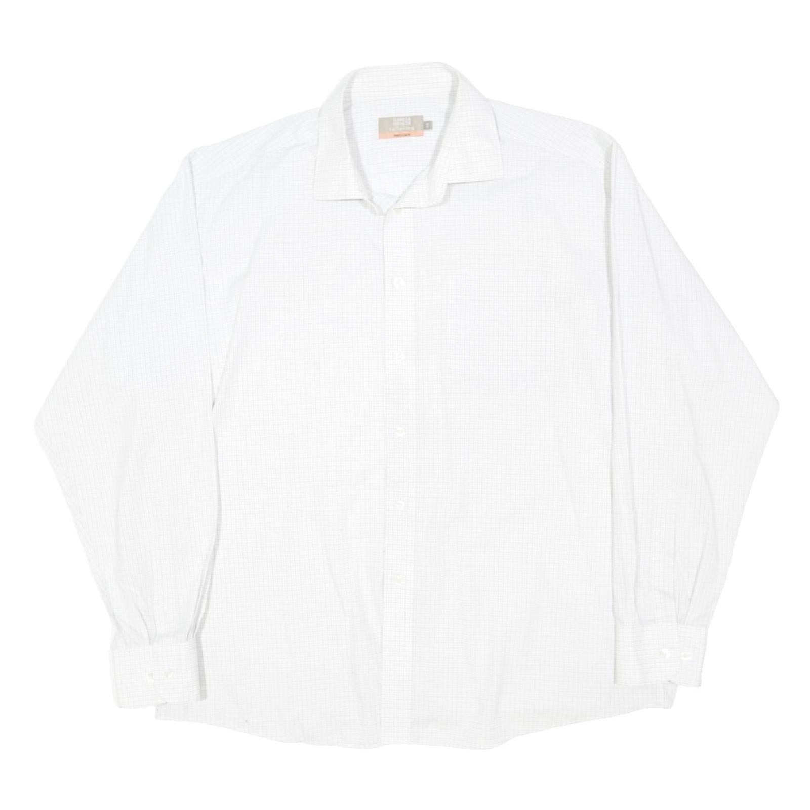 MARKS & SPENCER Mens White Check Shirt XL Cotton Blend Formal Classic Fit Long