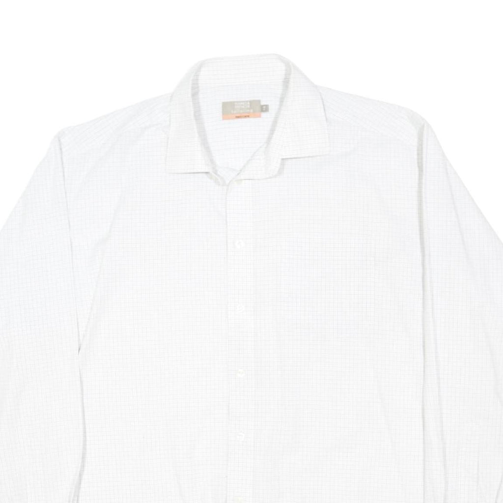 MARKS & SPENCER Mens White Check Shirt XL Cotton Blend Formal Classic Fit Long