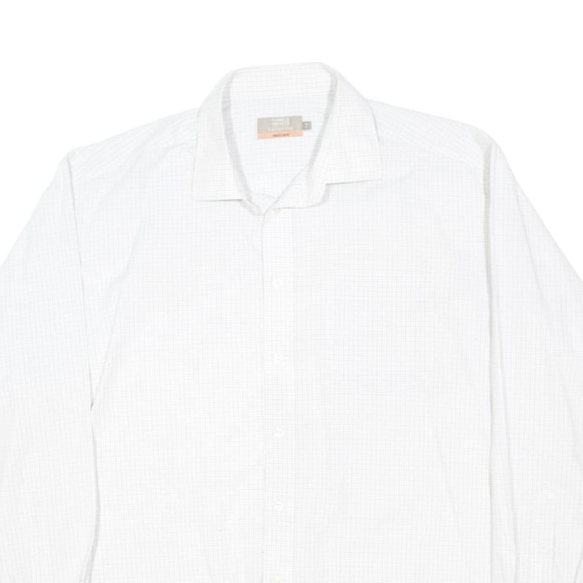 MARKS & SPENCER Mens White Check Shirt XL Cotton Blend Formal Classic Fit Long