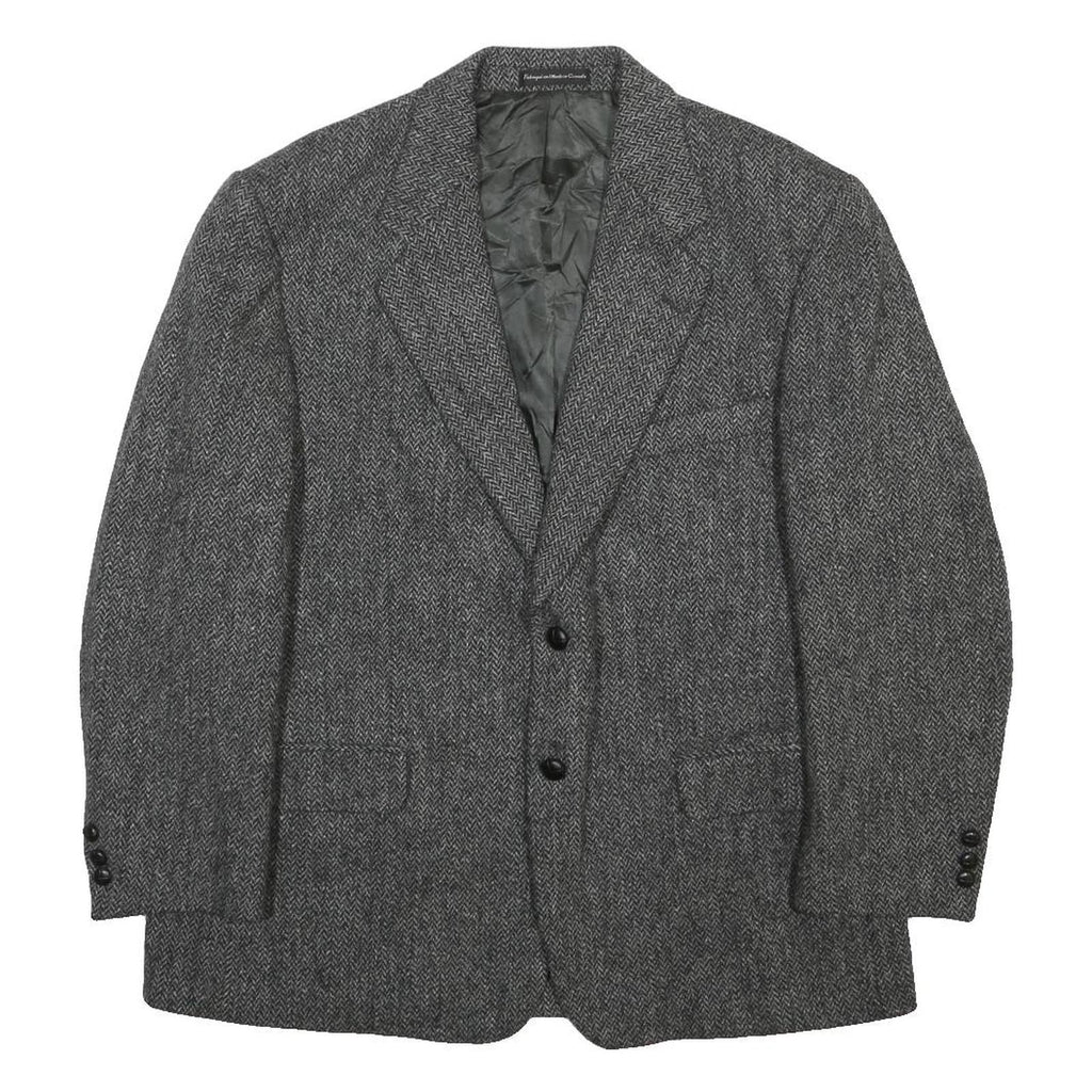 HARRIS TWEED Mens Grey Wool Blazer Jacket L Woven Herringbone Button Closure