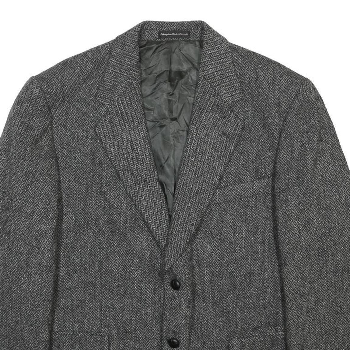 HARRIS TWEED Mens Grey Wool Blazer Jacket L Woven Herringbone Button Closure