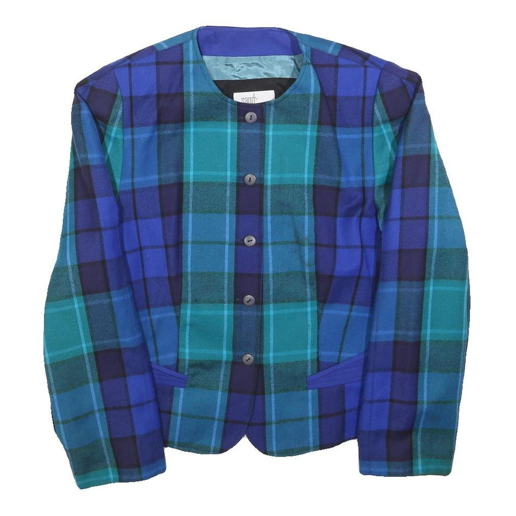 SANDY Womens Blue Jacket L Wool Check Button Closure Stylish Casual