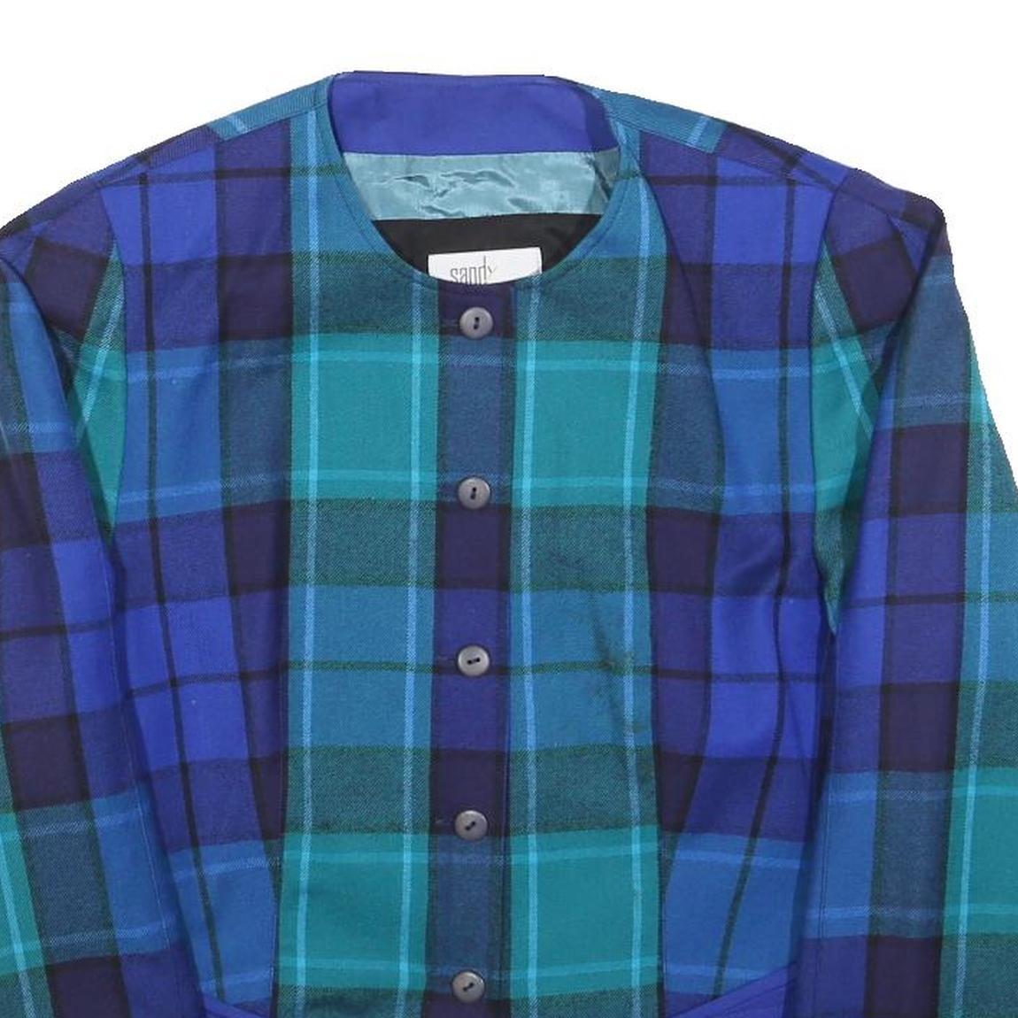 SANDY Womens Blue Jacket L Wool Check Button Closure Stylish Casual