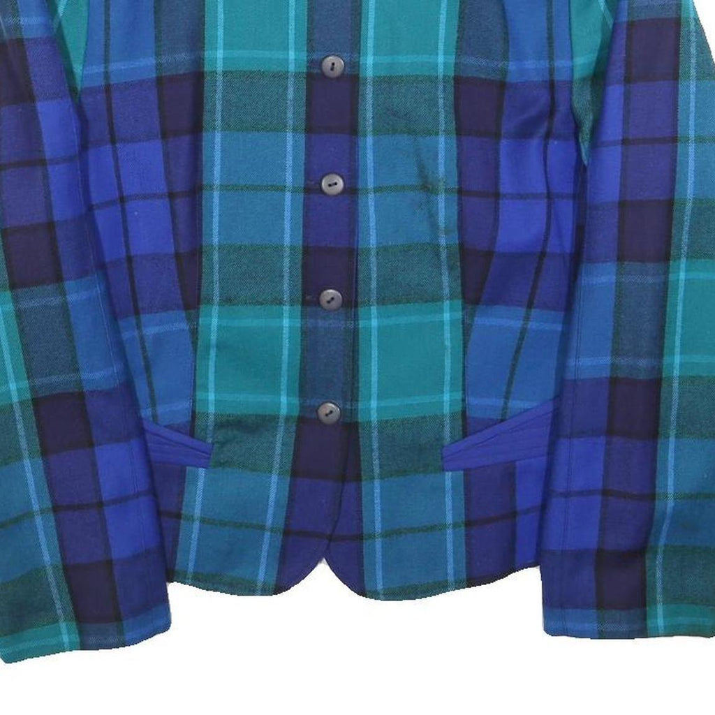 SANDY Womens Blue Jacket L Wool Check Button Closure Stylish Casual