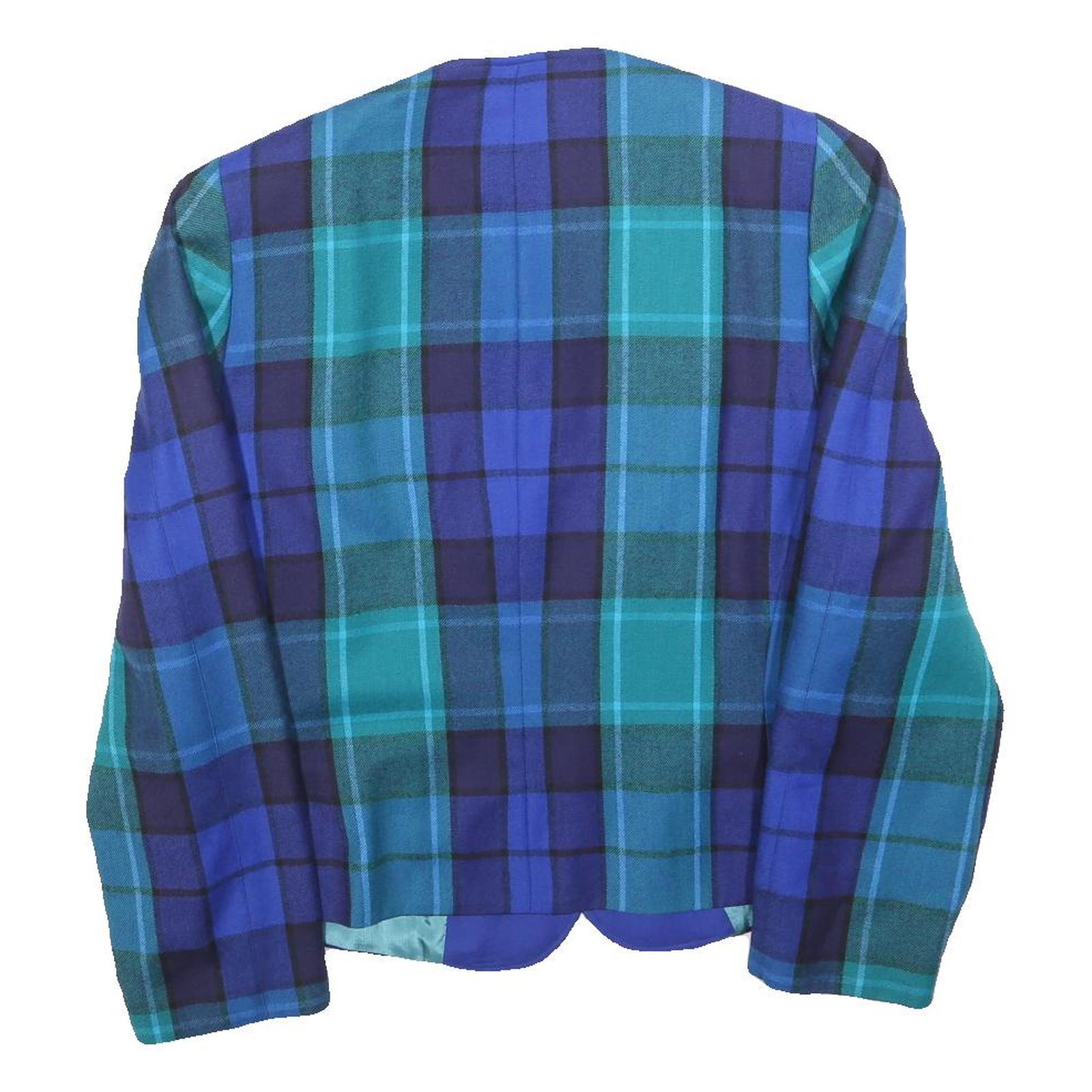 SANDY Womens Blue Jacket L Wool Check Button Closure Stylish Casual