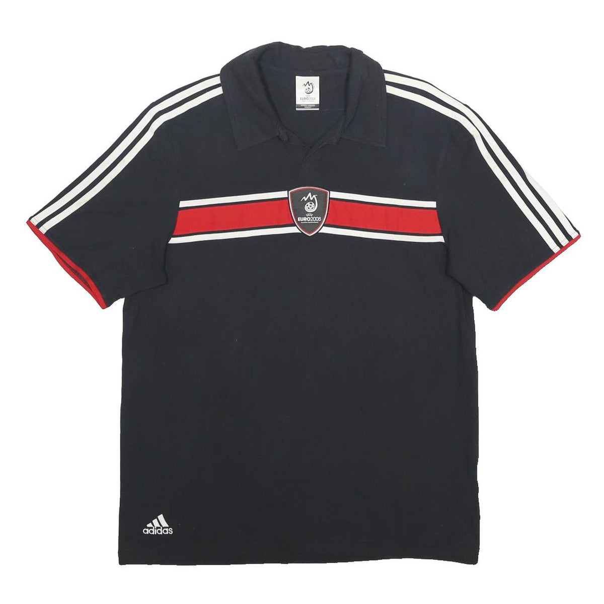 ADIDAS Mens Black Red & White Euro 2008 Short Sleeve Plain M Cotton Polo Shirt