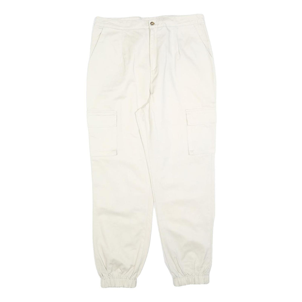Womens Cotton Blend Slim Cargo Trousers White W32 L28 Elastic Hem Zip Closure