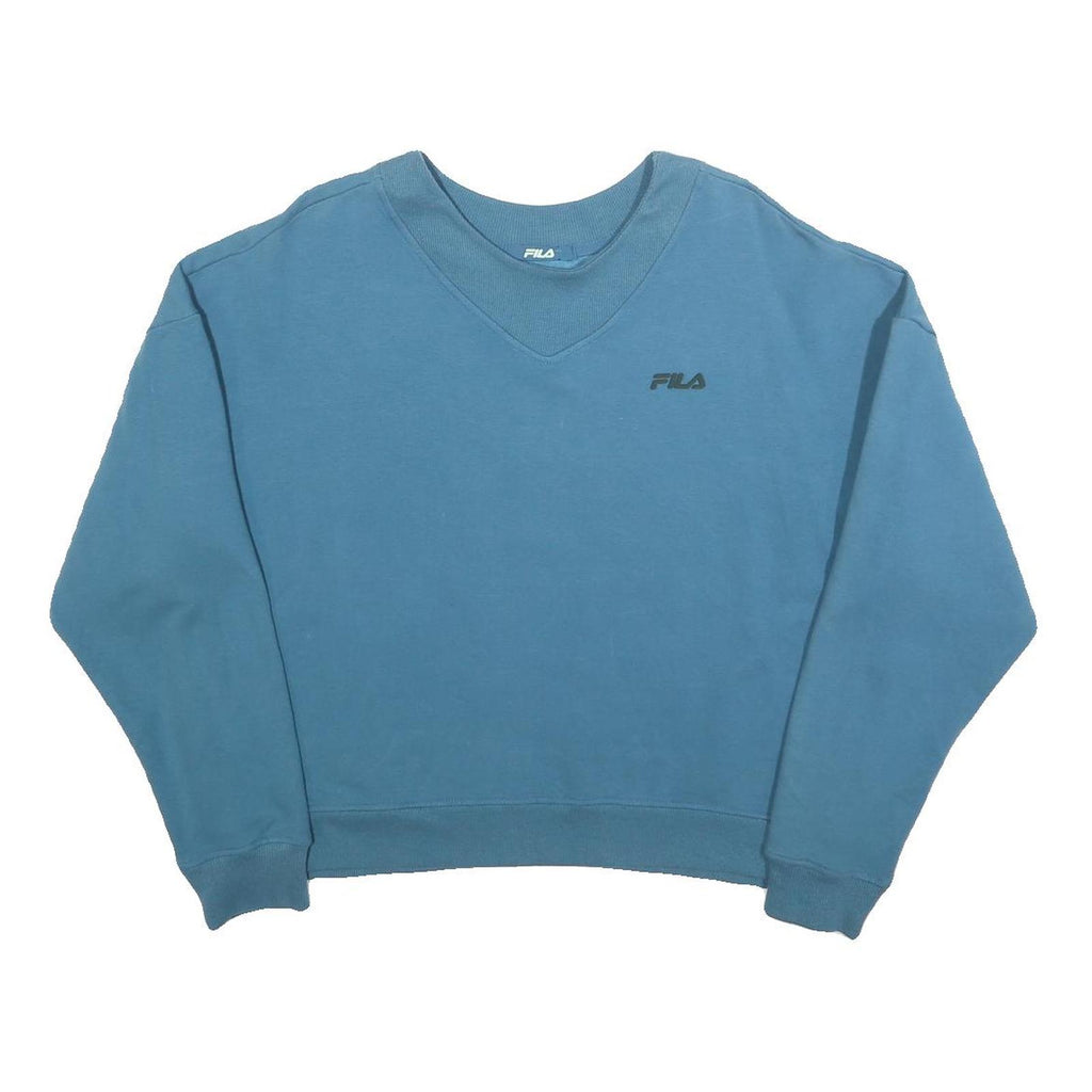 FILA Womens Blue V-Neck Sweatshirt UK 12 Cotton Blend Casual Pullover