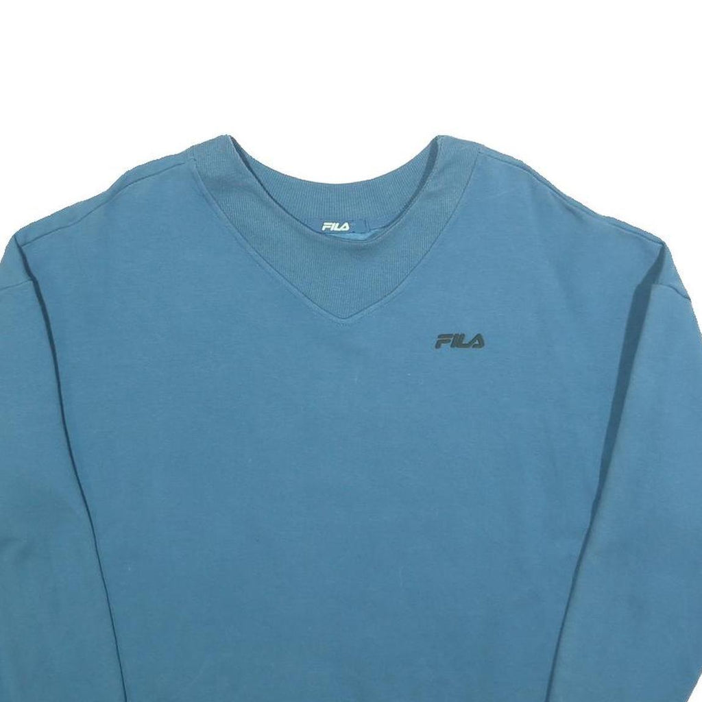 FILA Womens Blue V-Neck Sweatshirt UK 12 Cotton Blend Casual Pullover