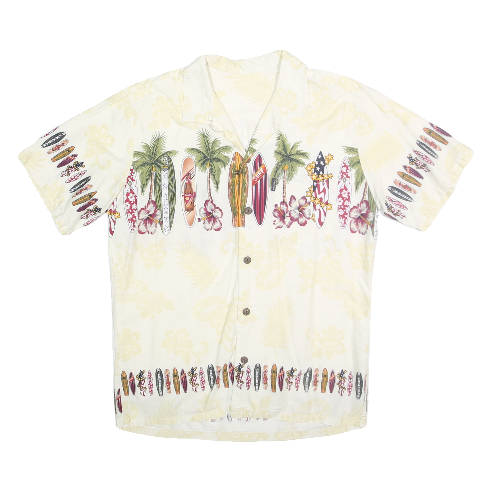 PALMWAVE Mens Cream & Multi Surfboard Print Rayon Shirt M Hawaiian Casual Summer