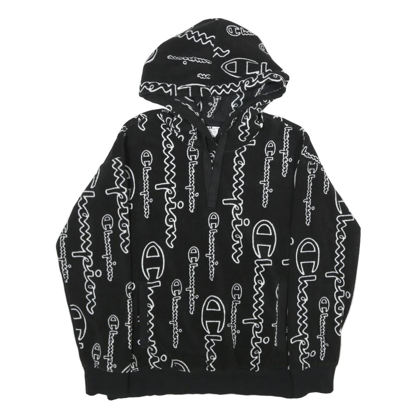 CHAMPION Mens Black Hoodie XS All Over Logo Print Pullover Zip Hoodie