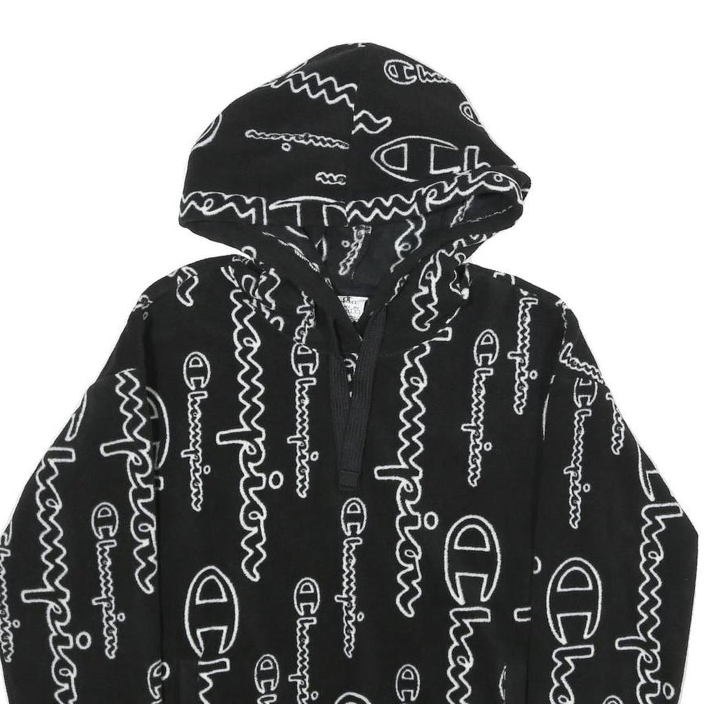 CHAMPION Mens Black Hoodie XS All Over Logo Print Pullover Zip Hoodie
