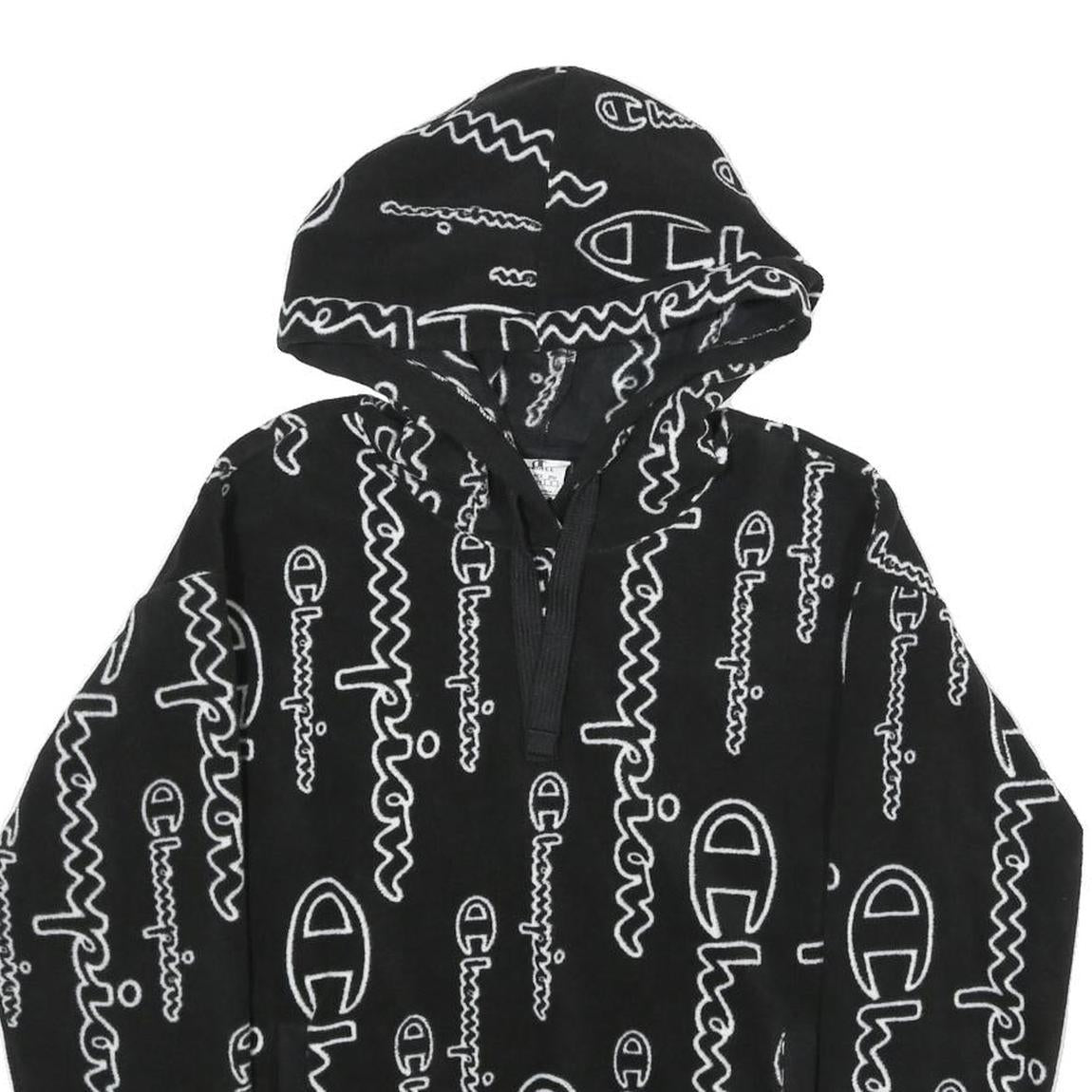 CHAMPION Mens Black Hoodie XS All Over Logo Print Pullover Zip Hoodie