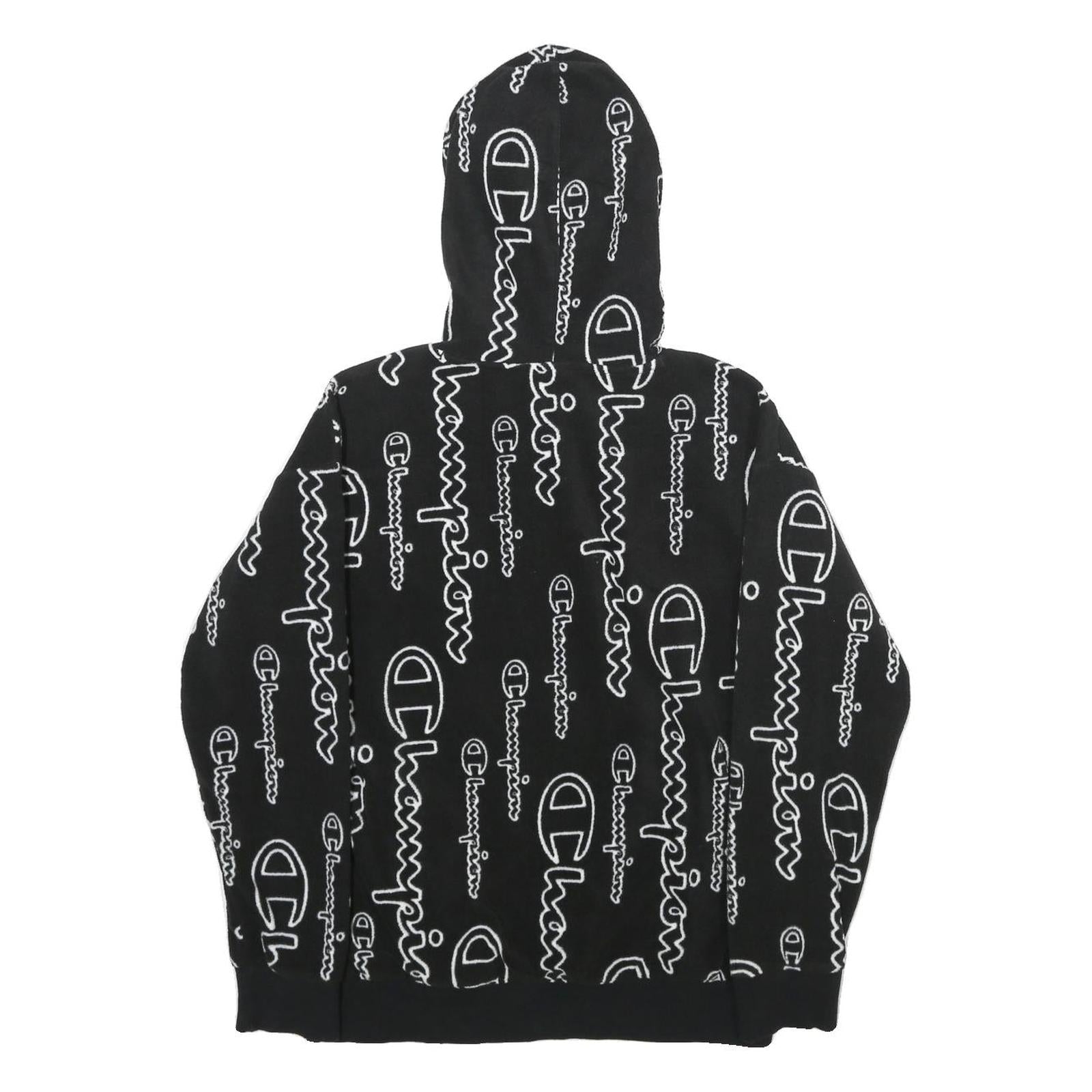 CHAMPION Mens Black Hoodie XS All Over Logo Print Pullover Zip Hoodie