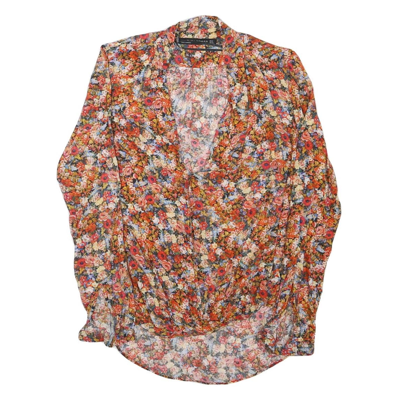 ZARA Womens Orange Floral Print Blouse Long Sleeve V-Neck S Lightweight