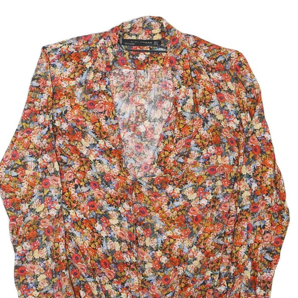 ZARA Womens Orange Floral Print Blouse Long Sleeve V-Neck S Lightweight
