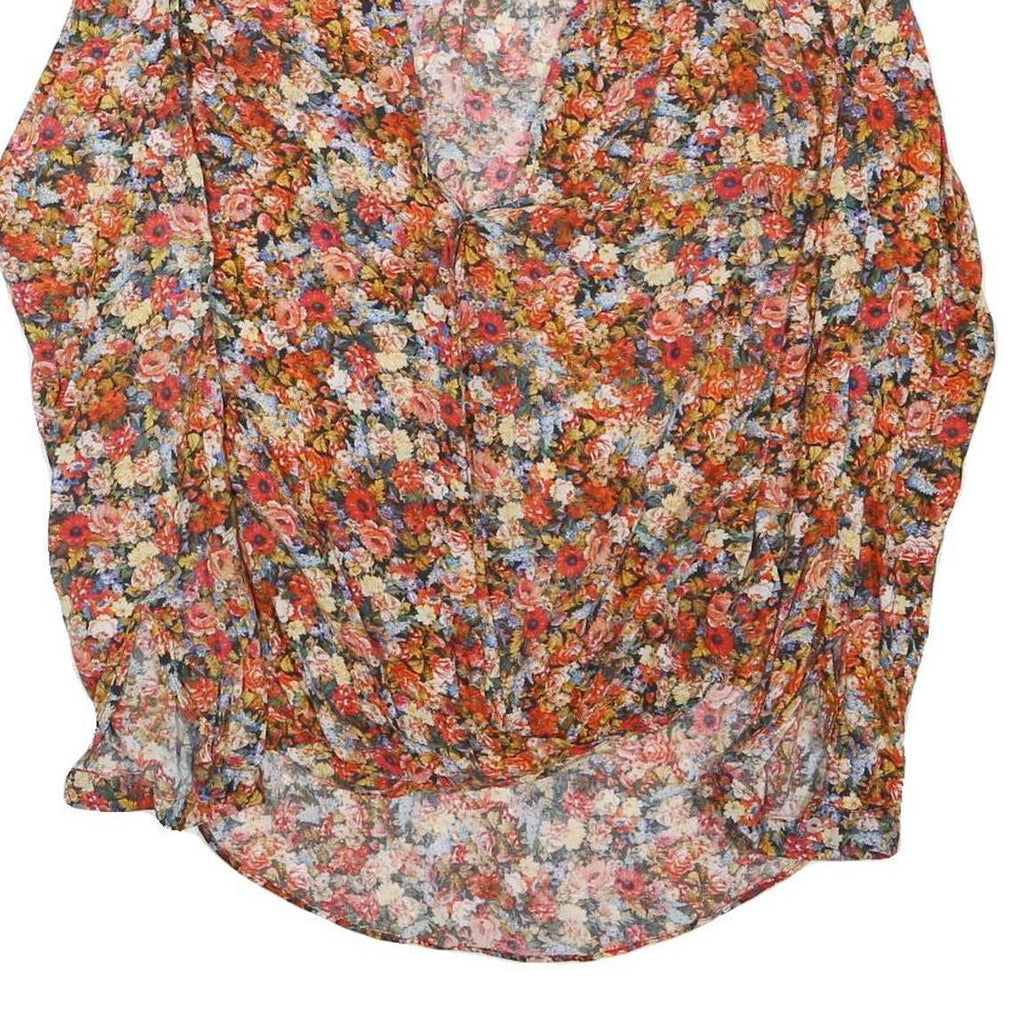 ZARA Womens Orange Floral Print Blouse Long Sleeve V-Neck S Lightweight