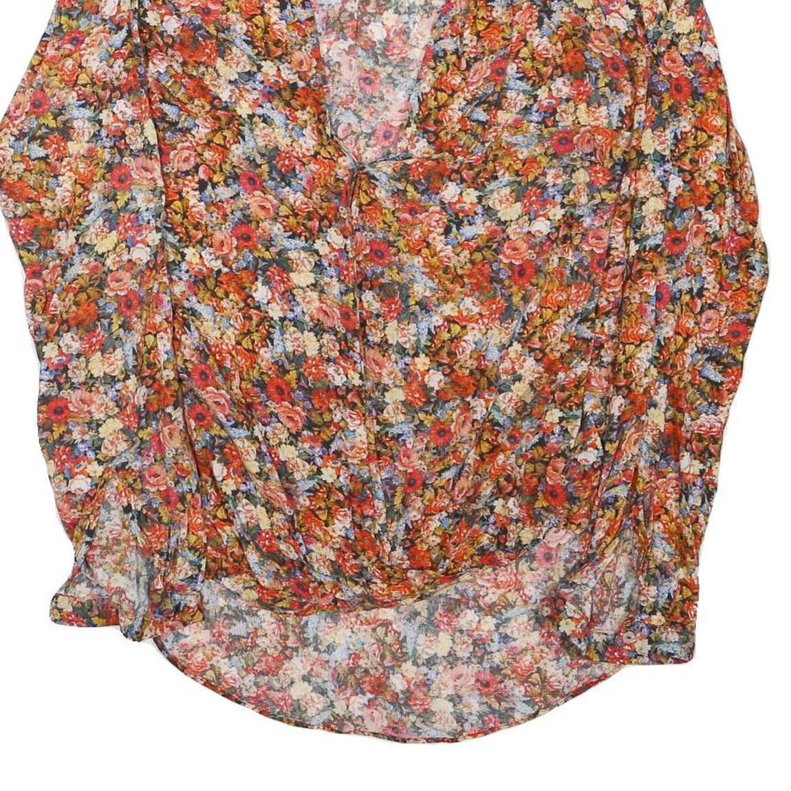ZARA Womens Orange Floral Print Blouse Long Sleeve V-Neck S Lightweight