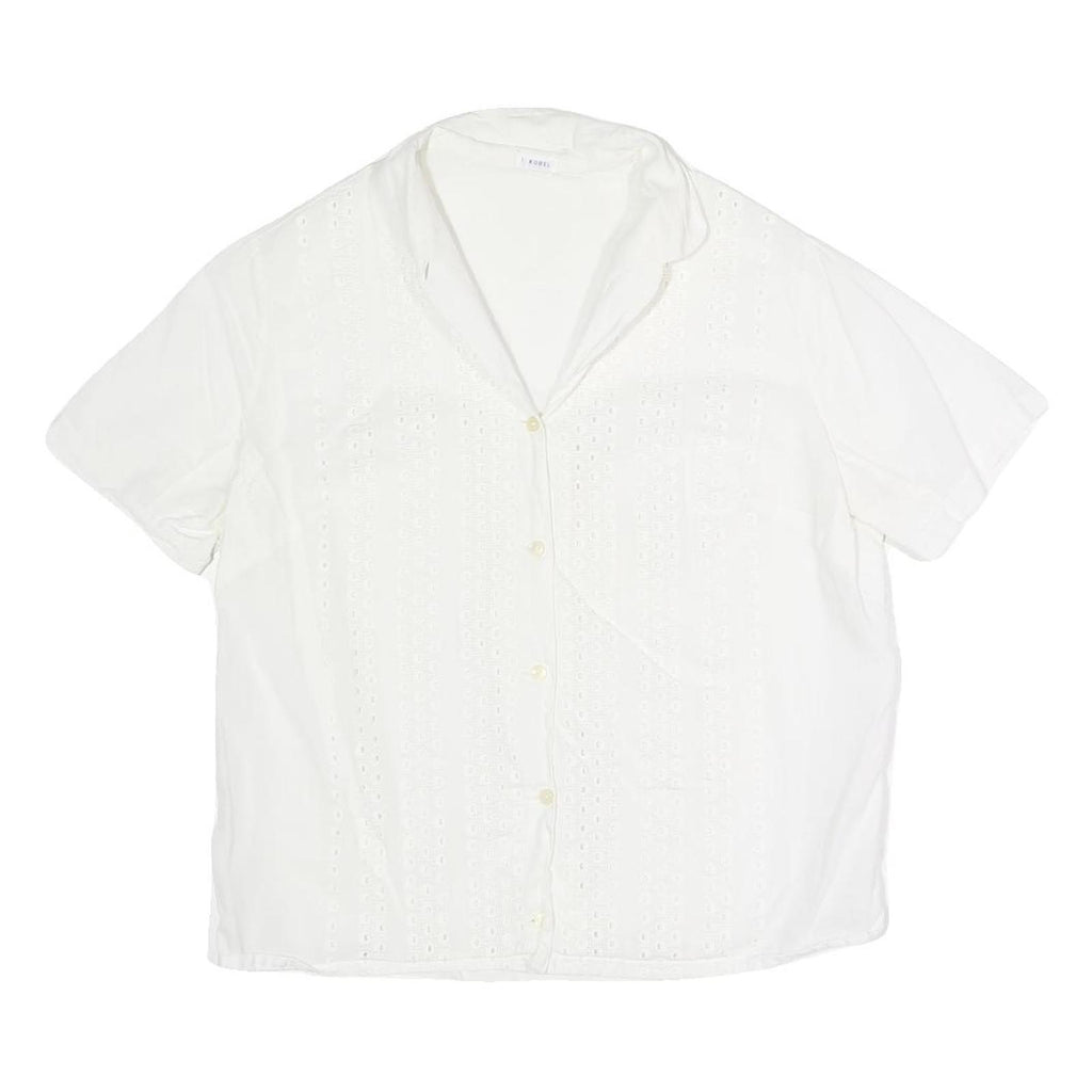 Womens White Button Shirt Short Sleeve Collared Cotton Blend M Eyelet Panel