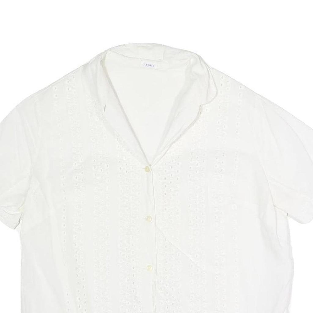 Womens White Button Shirt Short Sleeve Collared Cotton Blend M Eyelet Panel