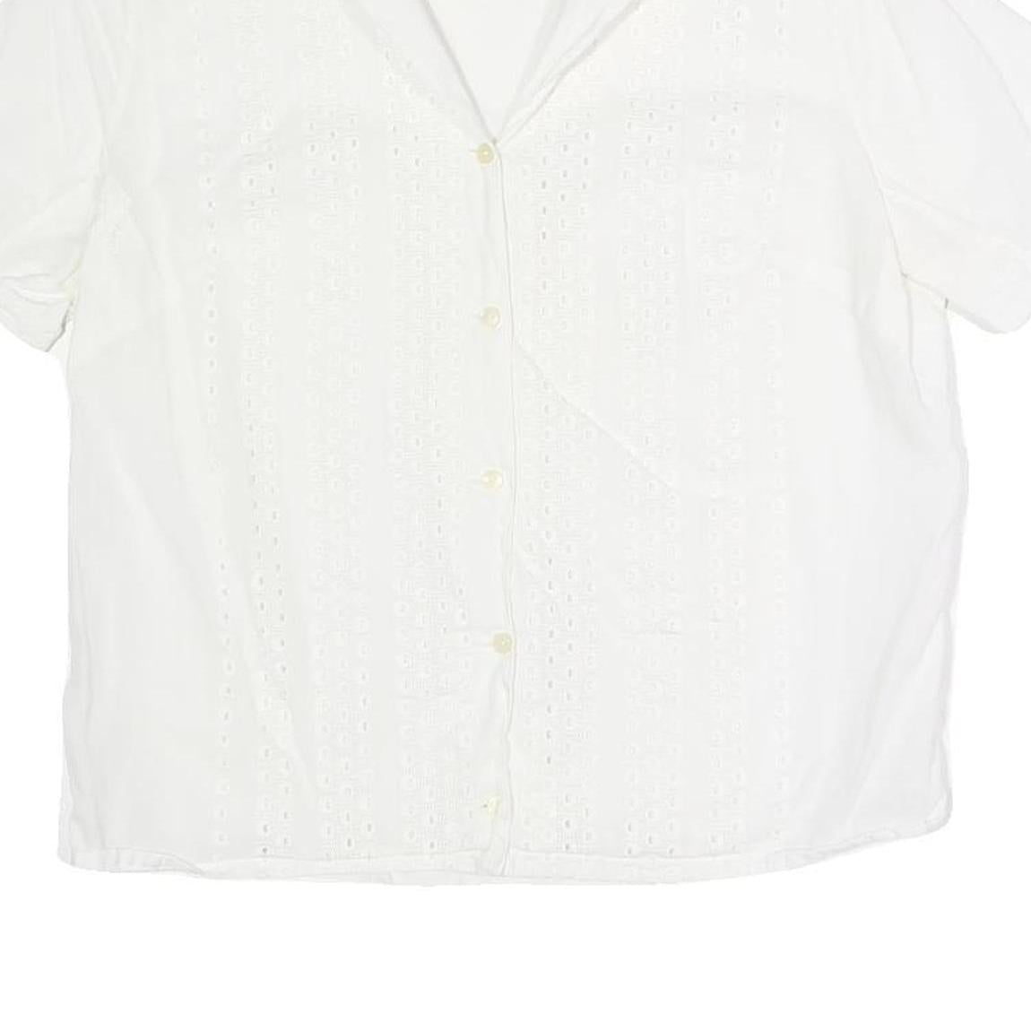 Womens White Button Shirt Short Sleeve Collared Cotton Blend M Eyelet Panel
