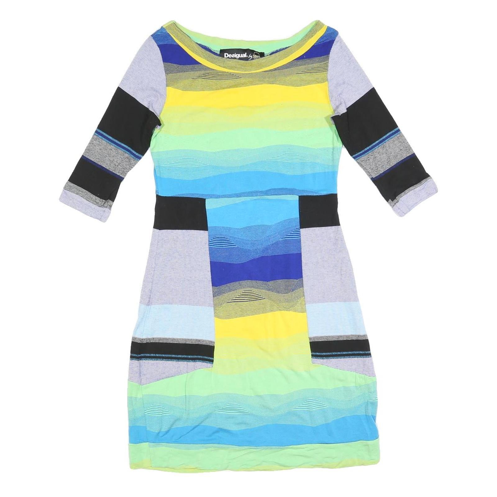DESIGUAL Womens Blue Yellow Striped Day Dress Cotton Blend 3/4 Sleeve S