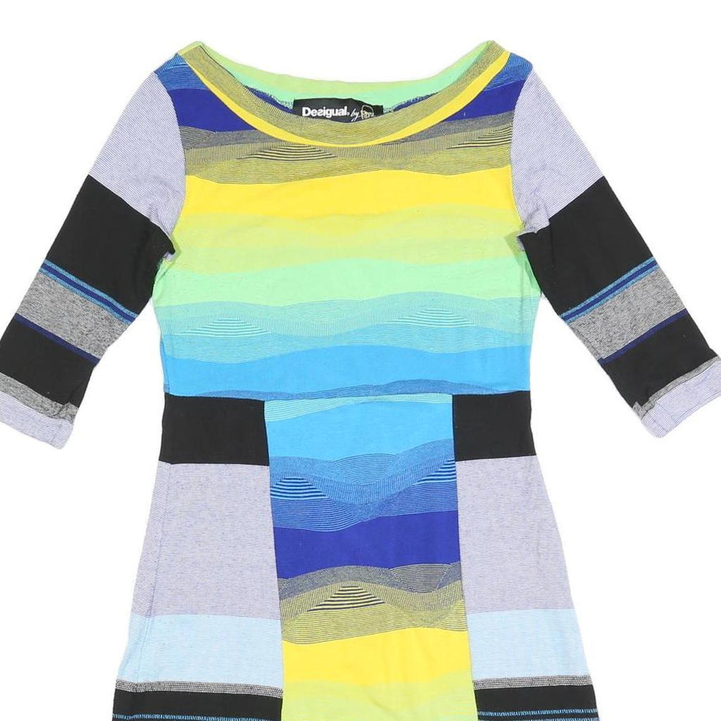 DESIGUAL Womens Blue Yellow Striped Day Dress Cotton Blend 3/4 Sleeve S