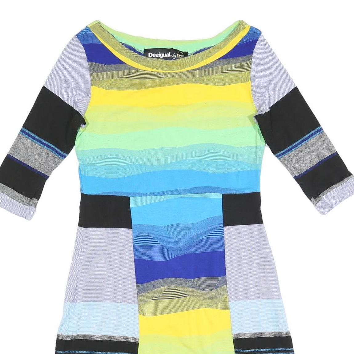 DESIGUAL Womens Blue Yellow Striped Day Dress Cotton Blend 3/4 Sleeve S
