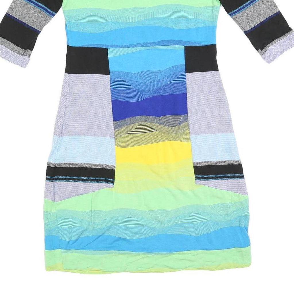 DESIGUAL Womens Blue Yellow Striped Day Dress Cotton Blend 3/4 Sleeve S