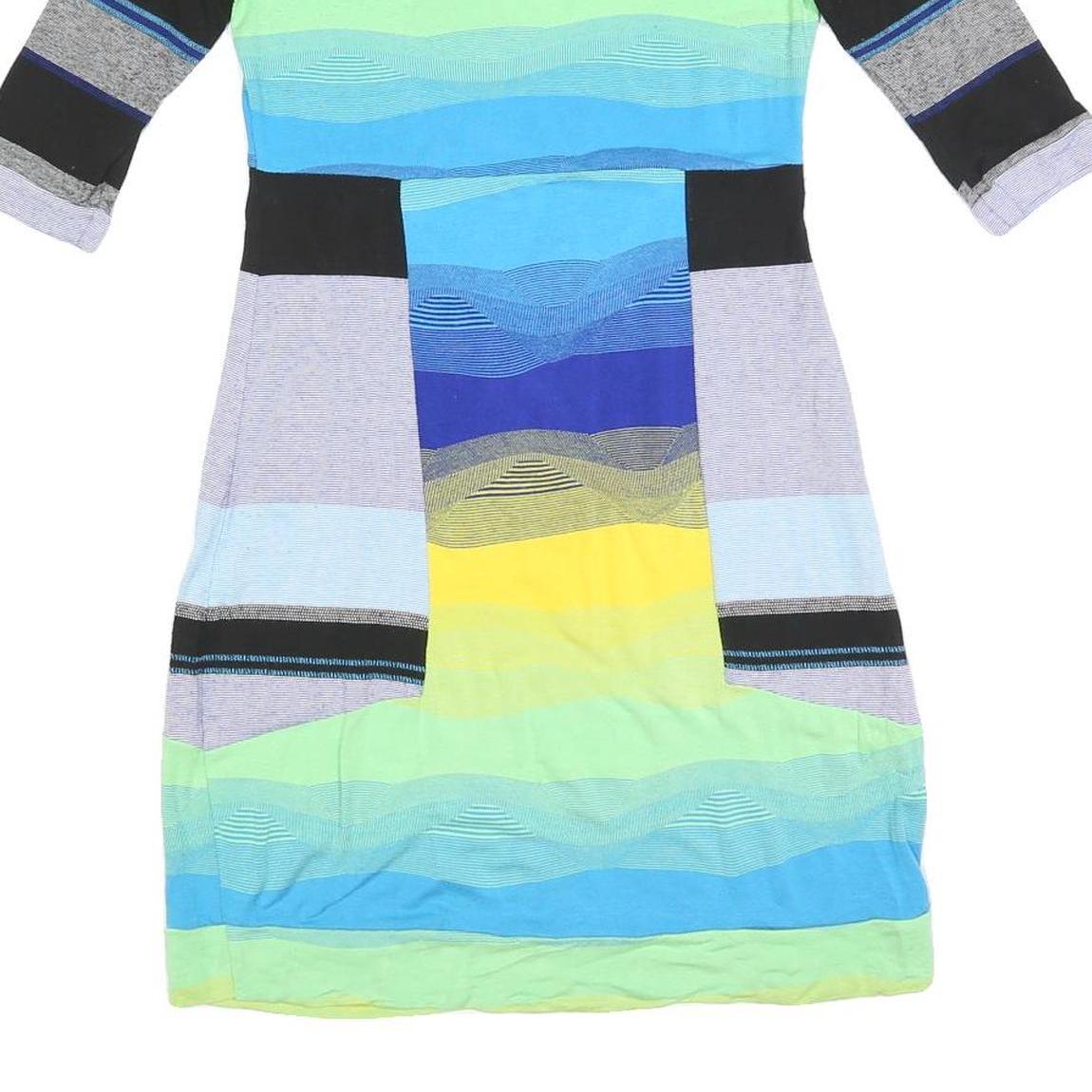 DESIGUAL Womens Blue Yellow Striped Day Dress Cotton Blend 3/4 Sleeve S