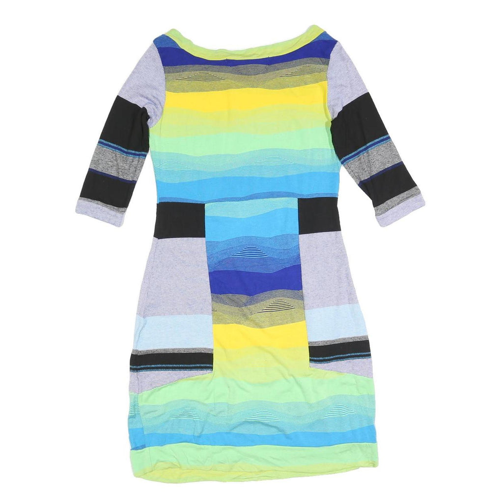 DESIGUAL Womens Blue Yellow Striped Day Dress Cotton Blend 3/4 Sleeve S