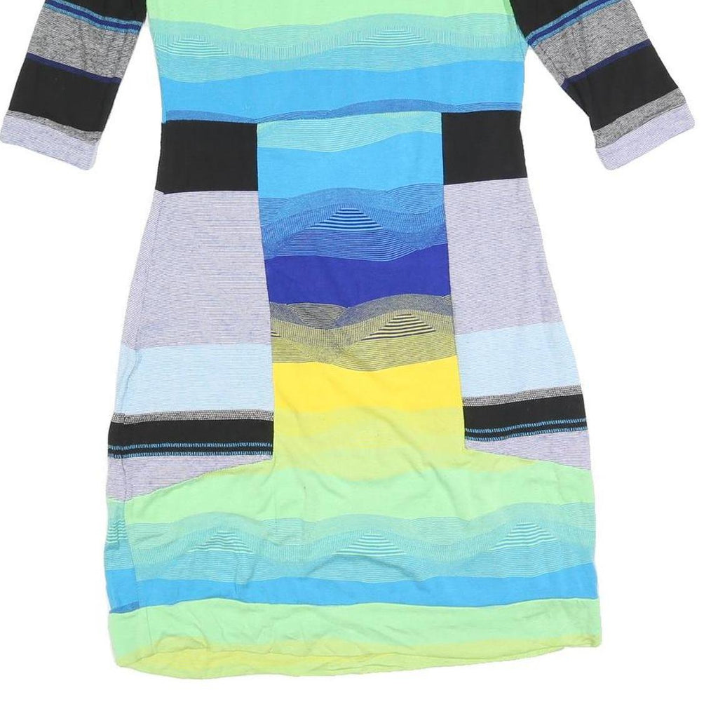 DESIGUAL Womens Blue Yellow Striped Day Dress Cotton Blend 3/4 Sleeve S