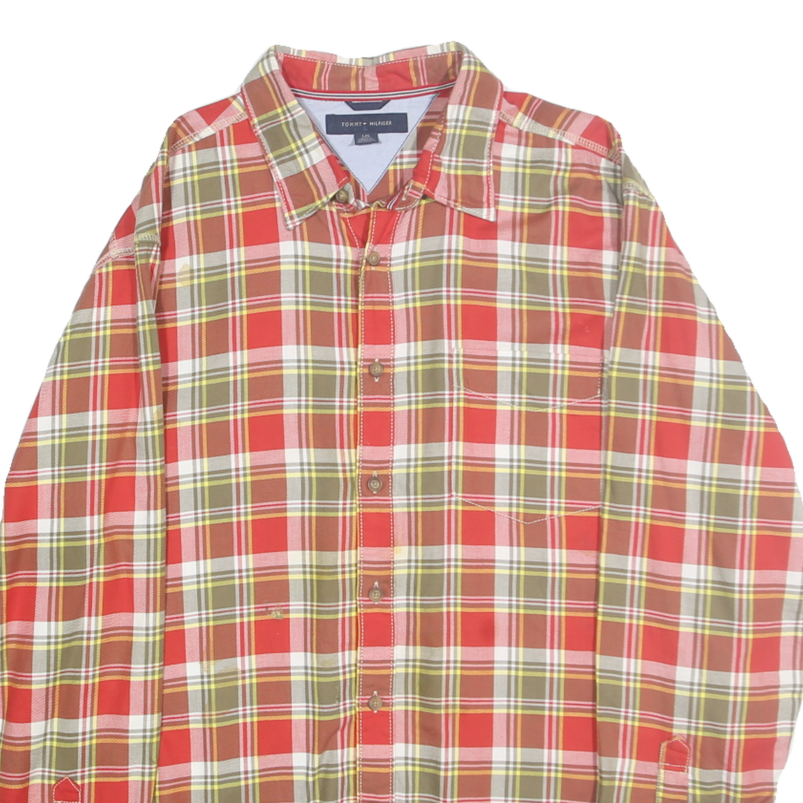 TOMMY HILFIGER Mens Red & Green Check Shirt L Classic Cotton Long Sleeve Button