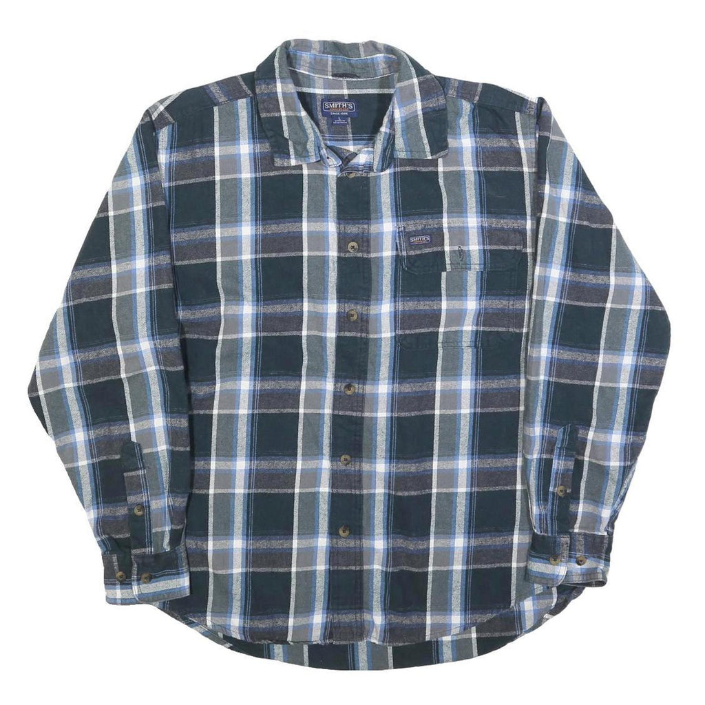 SMITHS Mens Blue Green & Grey Check Shirt L Casual Cotton Blend Long Sleeve
