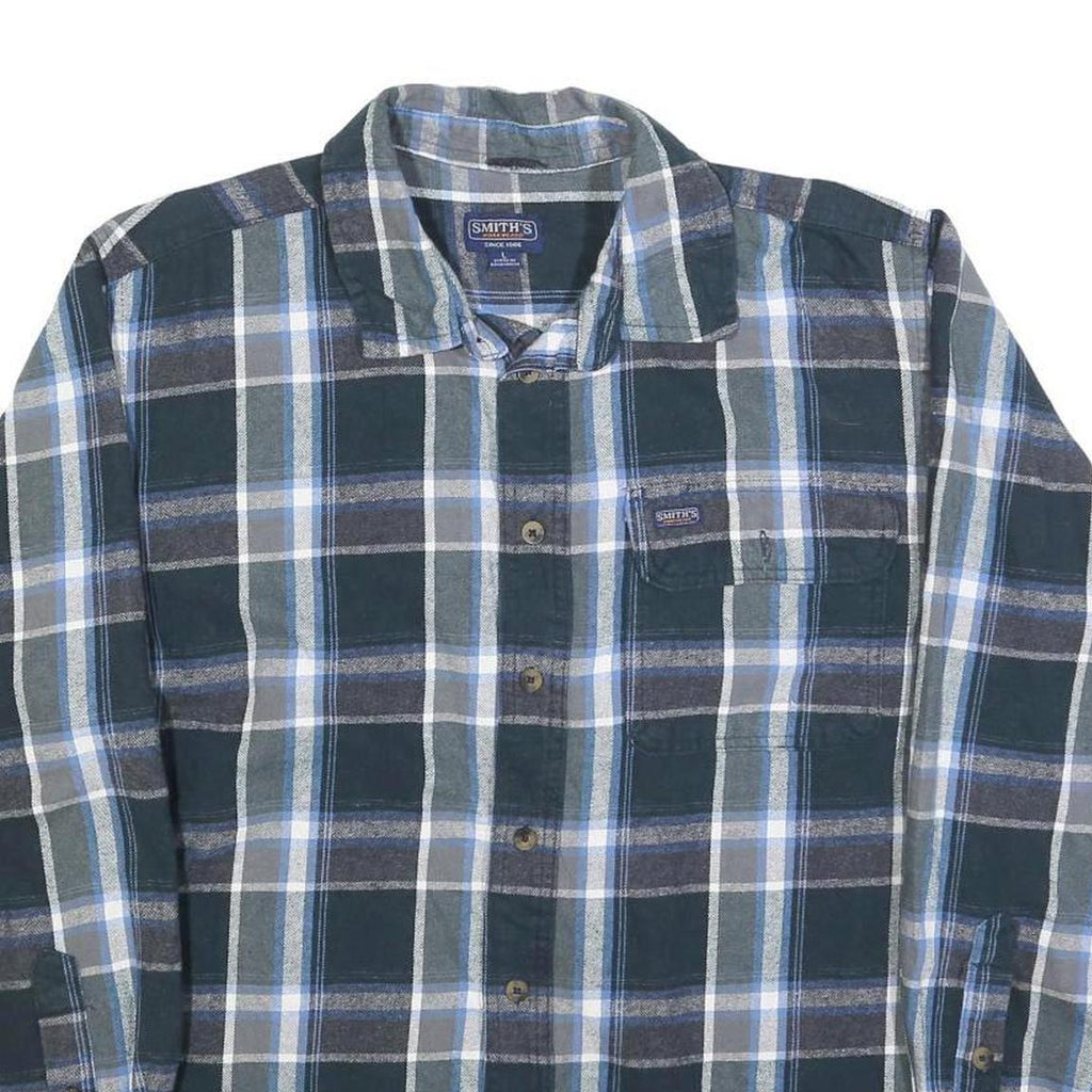 SMITHS Mens Blue Green & Grey Check Shirt L Casual Cotton Blend Long Sleeve