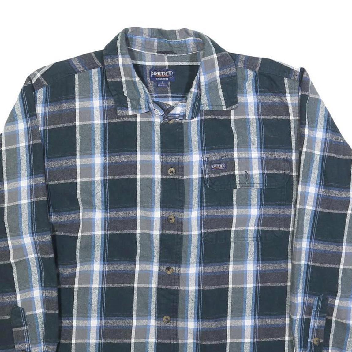 SMITHS Mens Blue Green & Grey Check Shirt L Casual Cotton Blend Long Sleeve