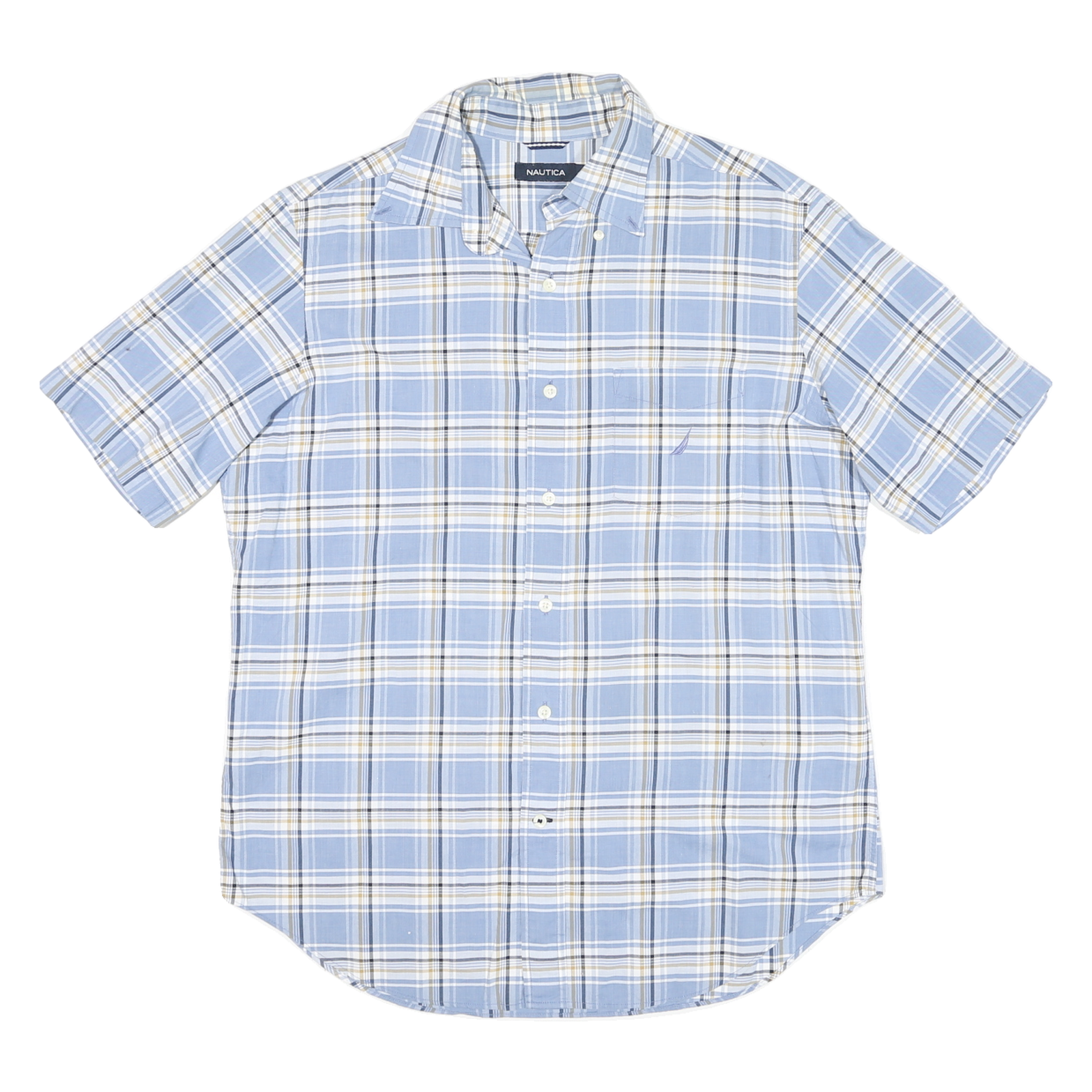 NAUTICA Mens Blue & White Check Short Sleeve Shirt M Casual Cotton Blend