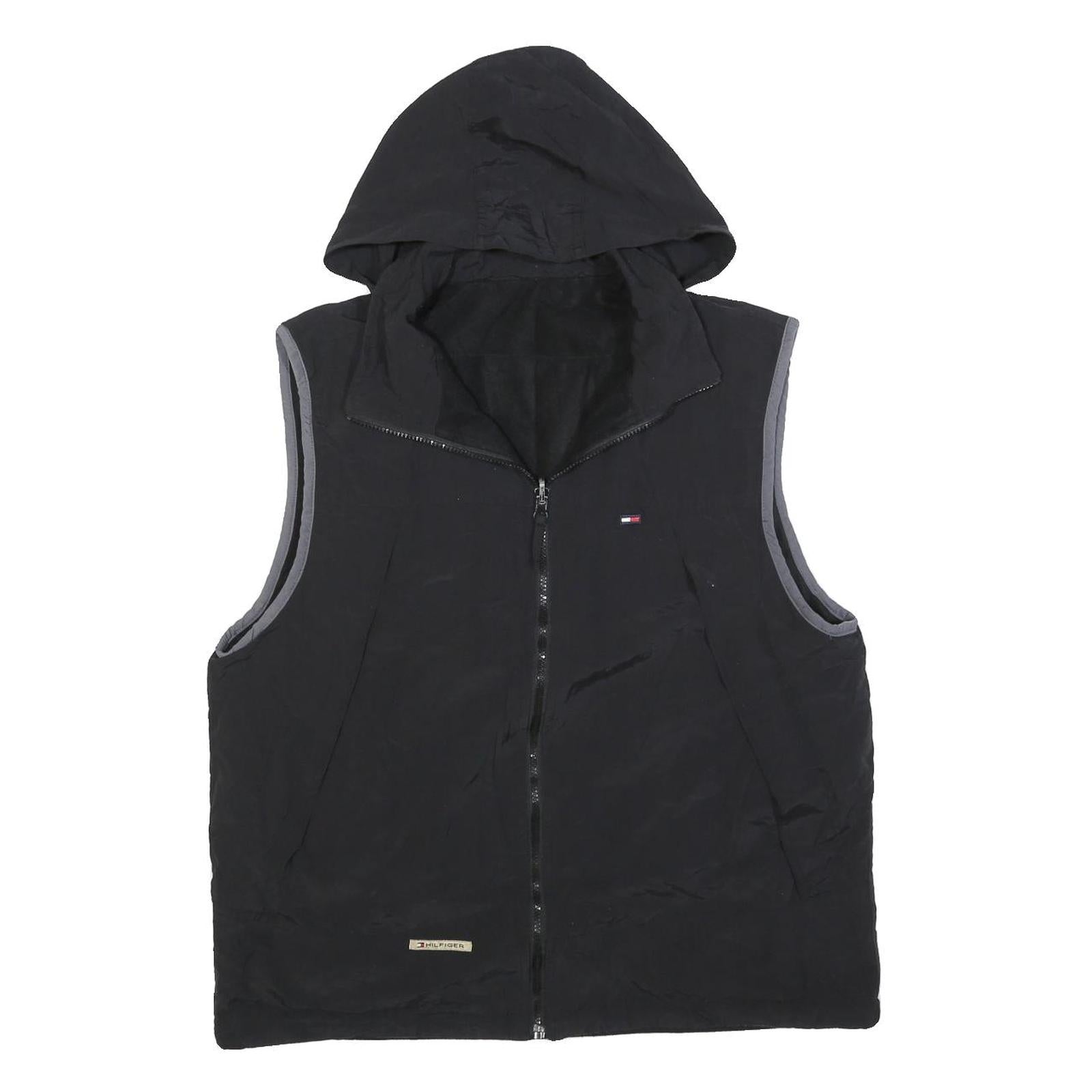 TOMMY HILFIGER Mens Black & Grey Hooded Jacket L Polyester Blend Zip Casual