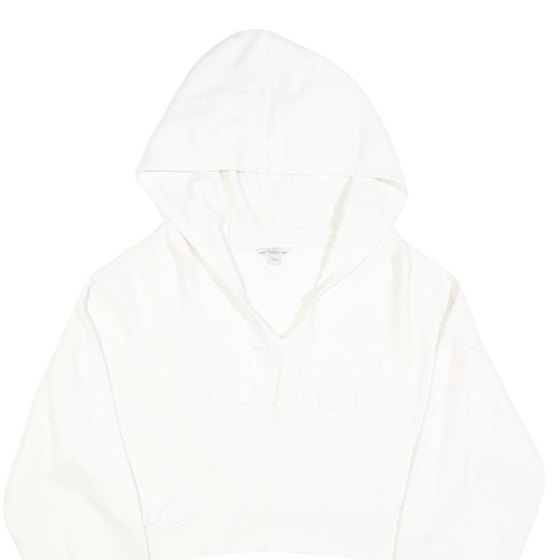 GUESS Womens White Cropped Hoodie L Cotton Blend Casual Streetwear