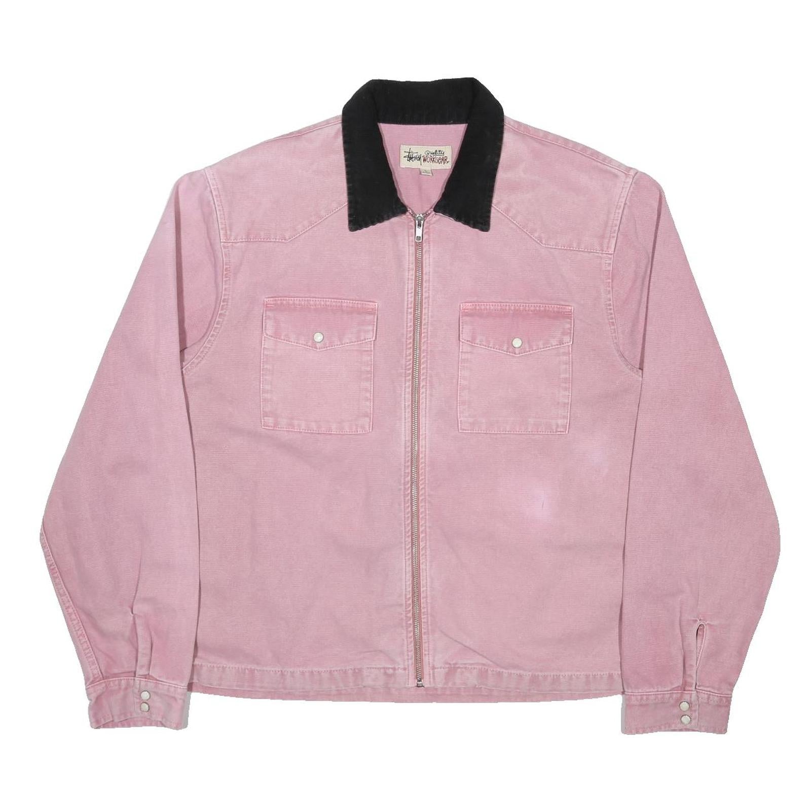 STUSSY Womens Pink & Black Cotton Canvas Zip Jacket L Workwear Long Sleeve