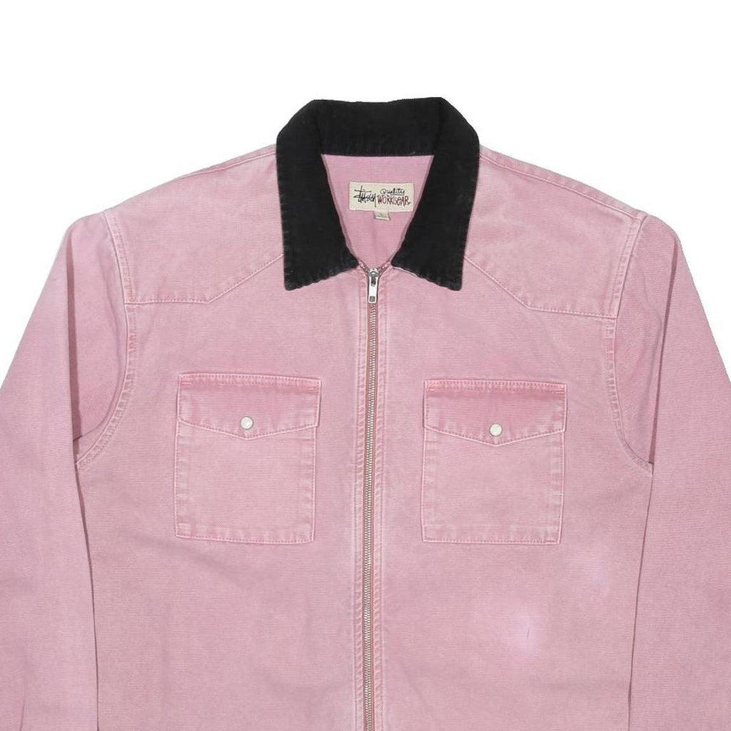STUSSY Womens Pink & Black Cotton Canvas Zip Jacket L Workwear Long Sleeve
