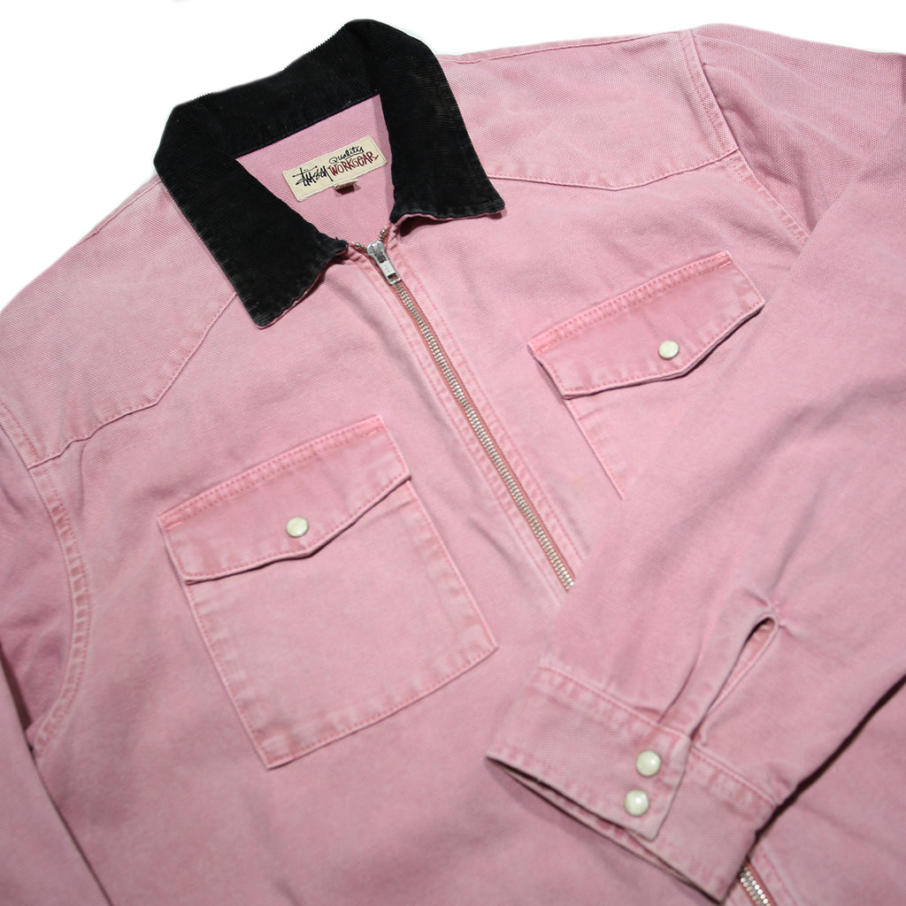 STUSSY Womens Pink & Black Cotton Canvas Zip Jacket L Workwear Long Sleeve