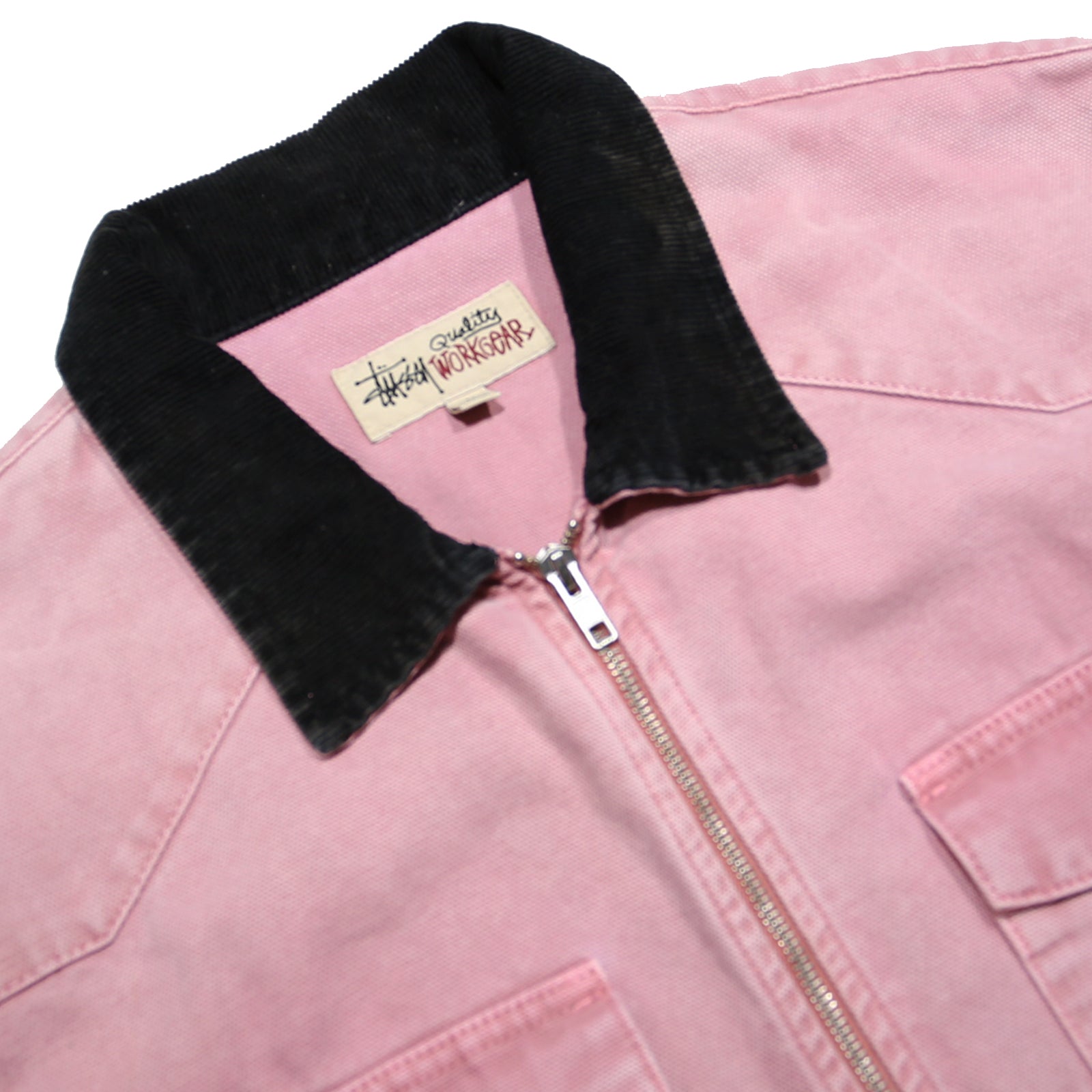 STUSSY Womens Pink & Black Cotton Canvas Zip Jacket L Workwear Long Sleeve