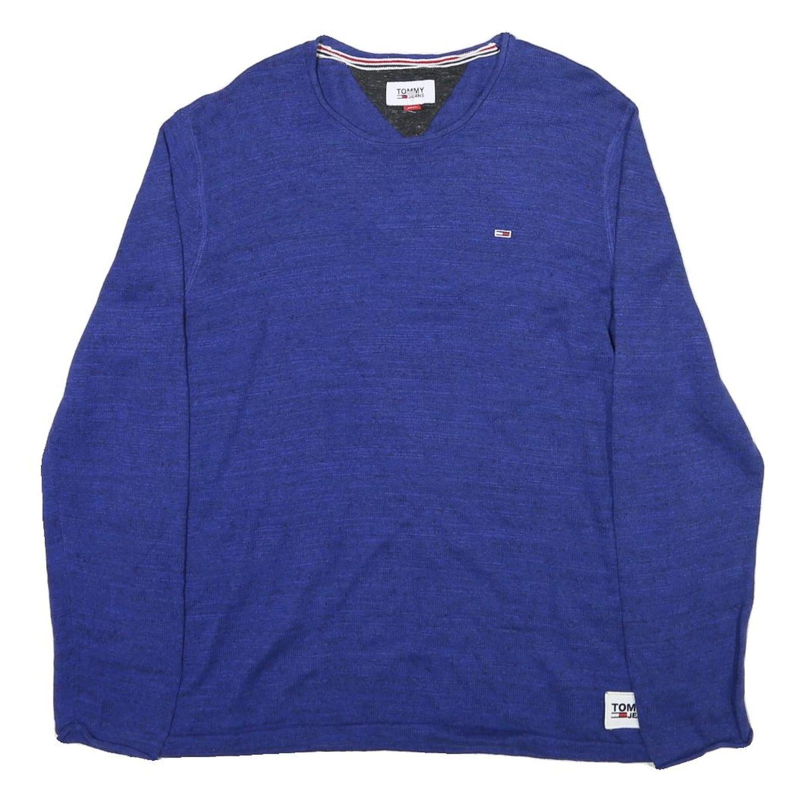 TOMMY JEANS Mens Blue Plain Cotton Blend Crew Neck Basic Knit Jumper XL Casual