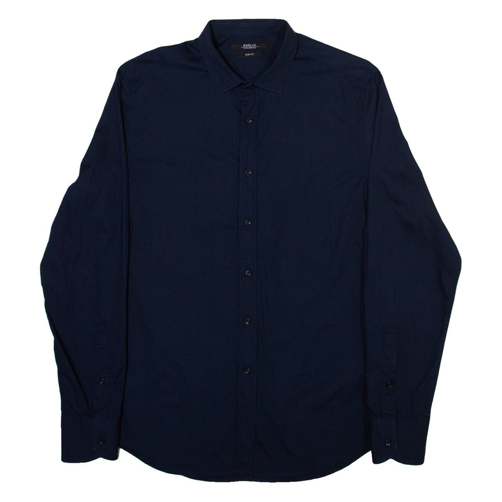 REPLAY Slim Fit Mens Plain Shirt Blue Long Sleeve M