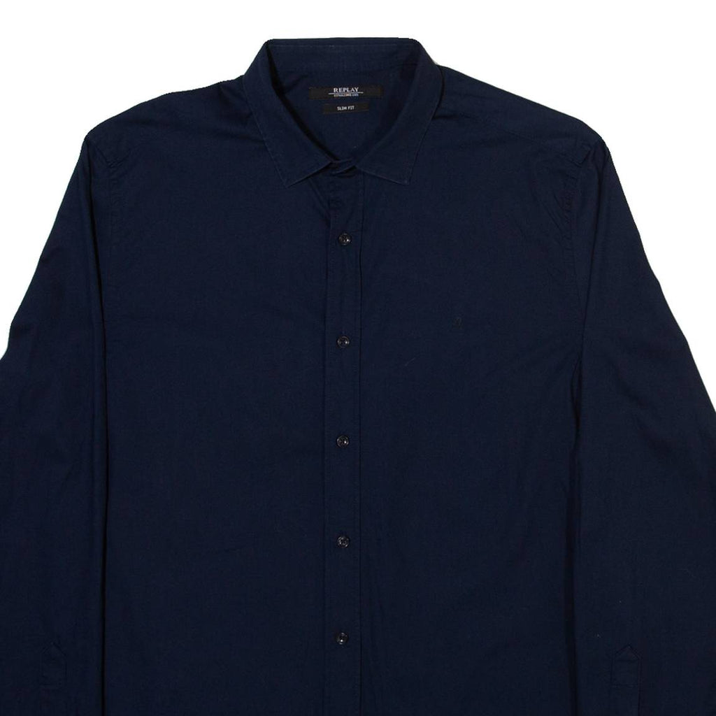 REPLAY Slim Fit Mens Plain Shirt Blue Long Sleeve M