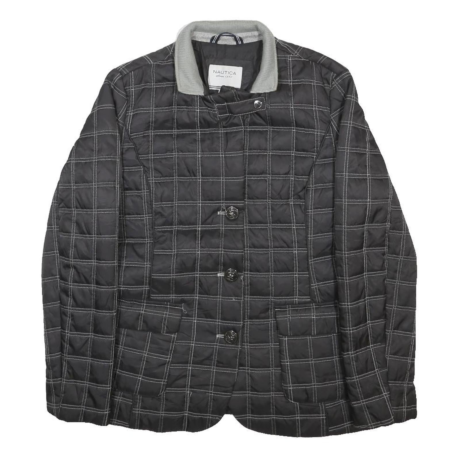 NAUTICA Womens Black & Grey Checked Quilted Button Jacket M Polyester Woven